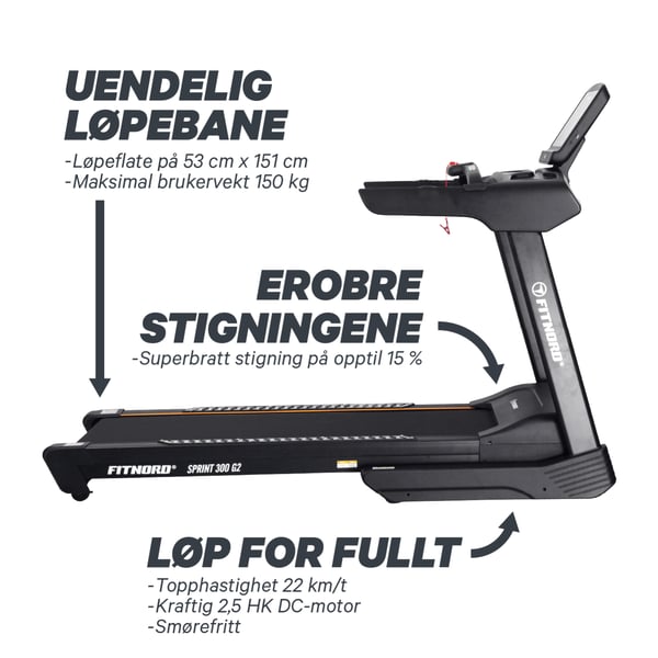 FitNord Sprint 300 G2 Tredemølle *SMØREFRI* 3